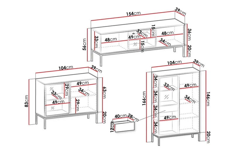 Klinkerville Möbelset Vardagsrum med Belysning TV-bänk vitrin - Svart Trä / Brun / Ribbad / Glas - Products - Förvaring - Förvaringsmöbler - Möbelset för vardagsrum