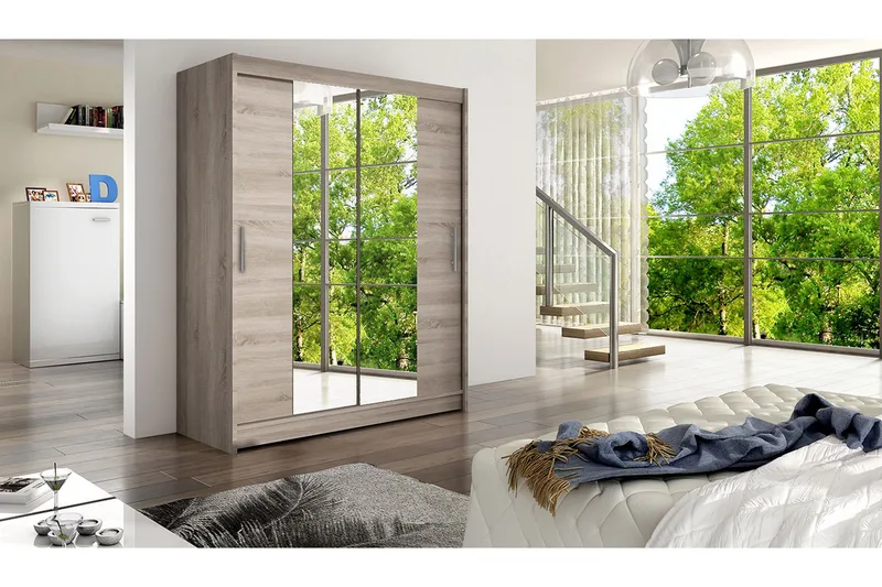 Leila Garderob 150 cm Skjutdörrar Smal Spegel - Ek - Products - Förvaring - Garderober & garderobssystem