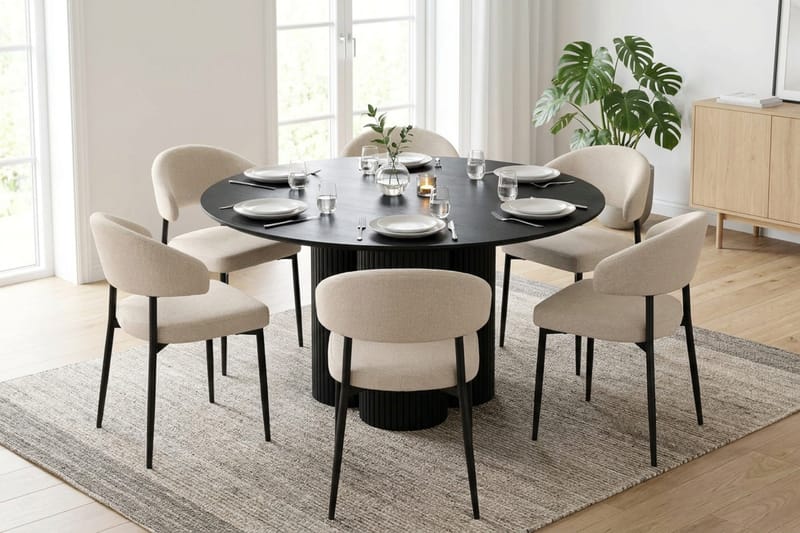Juno Matgrupp runt 130 cm Svart med 6 Sawako Matstolar - Svart - Products - Möbler - Bord & matgrupp - Matgrupp