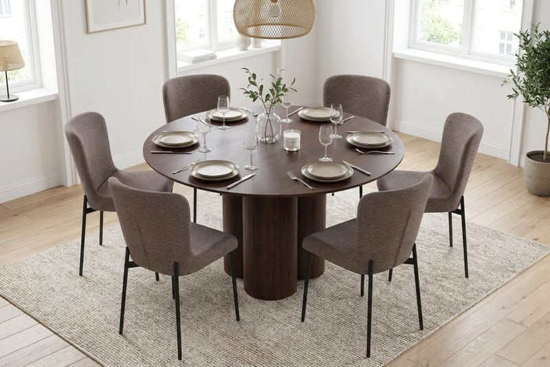 Juno Matgrupp runt 130 cm Valnöt med 6 Elsie Matstolar - Valnöt/Grå - Products - Möbler - Bord & matgrupp - Matgrupp