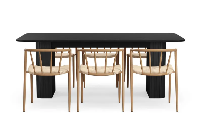 Kopparbo Matbord 200-260 cm Förlängningsbart med 6 Winston Matstolar - Svart / Beige / Metallben Ek - Products - Möbler - Bord & matgrupp - Matgrupp