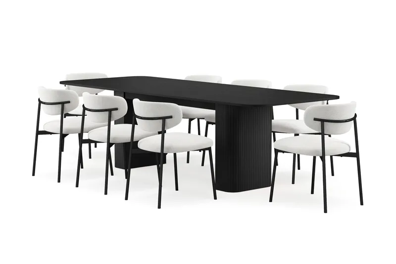 Kopparbo Matbord 200-260 cm Förlängningsbart med 8 Lucy Matstolar, Svart / Vit Bouclé / Metallben Svart