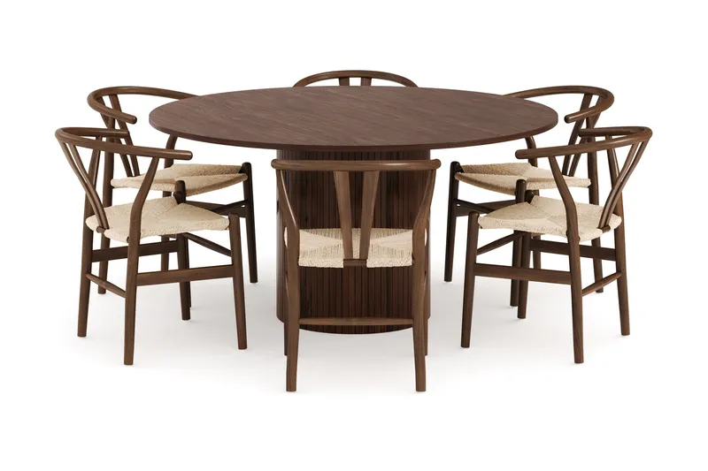 Kopparbo Matgrupp 150 cm Rund med 6 Dastoori Matstolar - Valnöt - Products - Möbler - Bord & matgrupp - Matgrupp