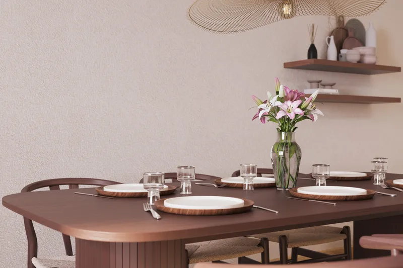 Kopparbo Matgrupp 200 cm med 6 Dastoori Matstol - Brun / Beige / Trä / Ribbad - Products - Möbler - Bord & matgrupp - Matgrupp