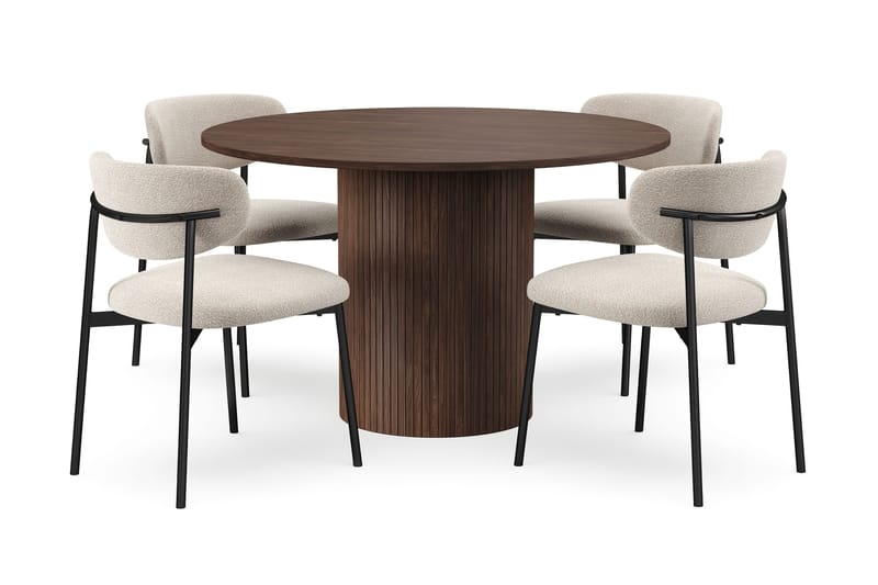 Kopparbo Runt Matbord 120 cm med 4 Lucy Matstolar, Mörkbrun / Greige Bouclé / Metallben Svart