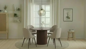 Kopparbo Runt Matbord 120 cm med 4 Nibe Plus Matstolar - Mörkbrun / Greige Bouclé / Metallben Valnöt - Products - Möbler - Bord & matgrupp - Matgrupp