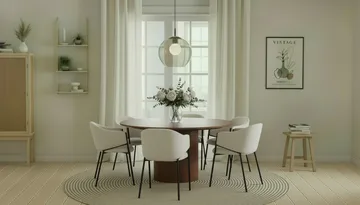 Kopparbo Runt Matbord 150 cm med 6 Filip Matstolar - Valnöt / Vit Bouclé - Products - Möbler - Bord & matgrupp - Matgrupp