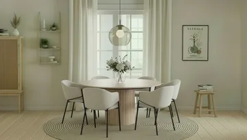 Kopparbo Runt Matbord 150 cm med 6 Filip Matstolar - Vit / Vit Bouclé - Products - Möbler - Bord & matgrupp - Matgrupp