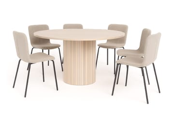 Kopparbo Runt Matbord 150 cm med 6 Katy Matstolar - Vit / Greige Bouclé / Metallben Svart - Products - Möbler - Bord & matgrupp - Matgrupp