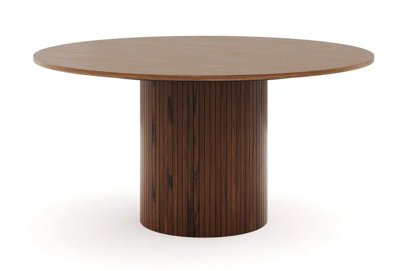 Kopparbo Runt Matbord 150 cm med 6 Lucy Matstolar - Valnöt / Greige Bouclé / Metallben Svart - Products - Möbler - Bord & matgrupp - Matgrupp