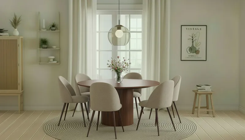 Kopparbo Runt Matbord 150 cm med 6 Nibe Plus Matstolar - Valnöt / Greige Bouclé / Metallben Valnöt - Products - Möbler - Bord & matgrupp - Matgrupp