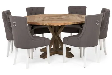 Lyon Matgrupp Ø150 cm Rund med 6 st Viktoria Stolar, Vintage Alm/Grå/Vit