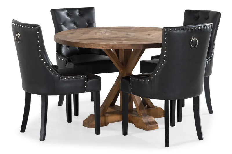 Lyon Matgrupp Rund med 4 st Tuva Fåtölj Konstläder - Trä/Svart PU - Products - Möbler - Bord & matgrupp - Matgrupp