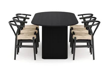 Noira Matgrupp 220 cm Massiv Ek med 6 Dastoori Matstolar - Svart - Products - Möbler - Bord & matgrupp - Matgrupp