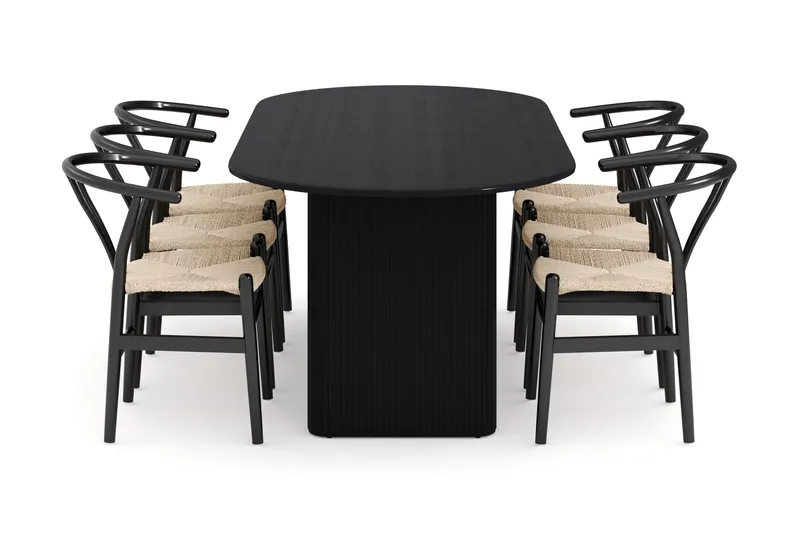 Noira Matgrupp 220 cm Massiv Ek med 6 Dastoori Matstolar - Svart - Products - Möbler - Bord & matgrupp - Matgrupp
