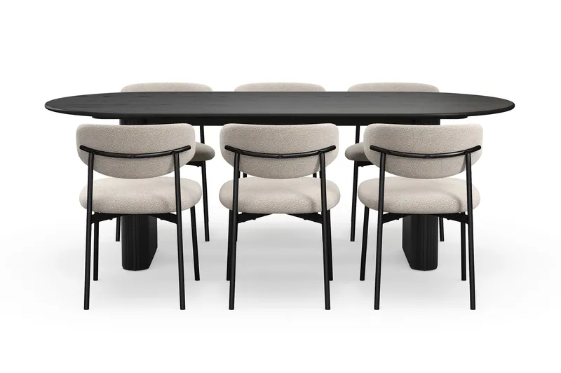 Noira Ovalt Matbord 220 cm med 6 Lucy Matstolar - Svart / Greige Bouclé / Metallben Svart - Products - Möbler - Bord & matgrupp - Matgrupp