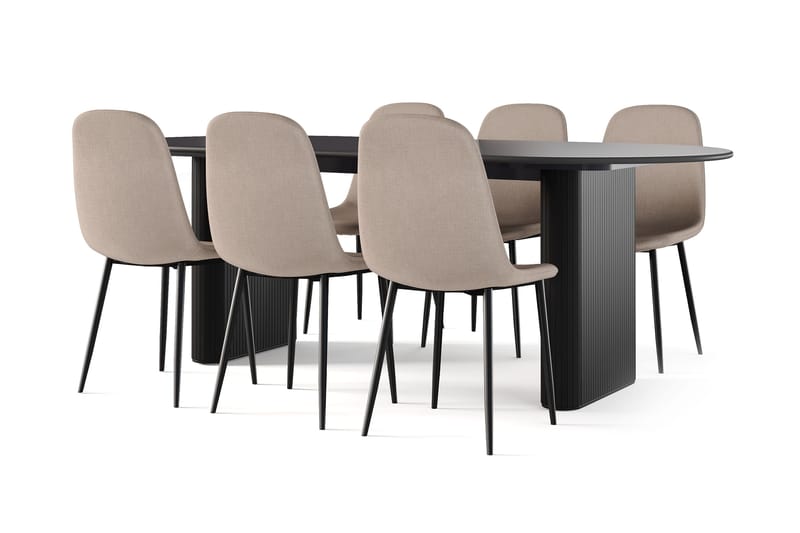 Noira Ovalt Matbord 220 cm Svart +  6 st Nibe stol brun med svarta ben, Svart/Brun