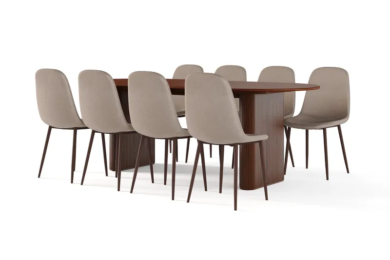 Noira Ovalt Matbord 220 cm Valnöt +  8 st Nibe stol brun med valnöt ben, Brun