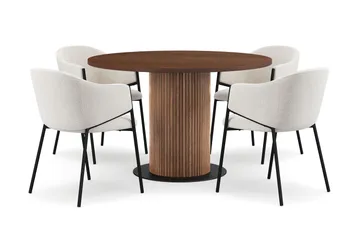 Noira Runt Litet Matbord Massiv Valnöt 120 cm med 4 Filip Matstolar - Brun / Vit Bouclé - Products - Möbler - Bord & matgrupp - Matgrupp