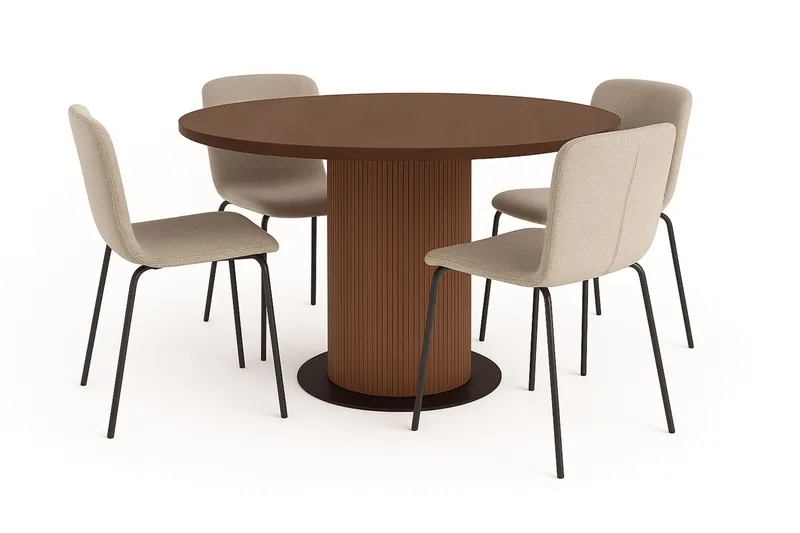 Noira Runt Litet Matbord Massiv Valnöt 120 cm med 4 Katy Matstolar - Brun / Greige Bouclé / Metallben Svart - Products - Möbler - Bord & matgrupp - Matgrupp