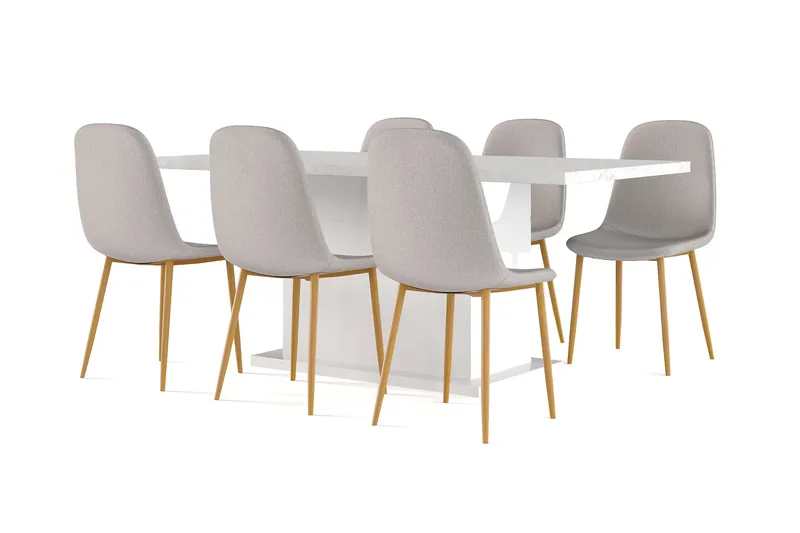 Ratliff Matbord 180 cm Förlängningsbart med illäggsskiva +  6 st Nibe stol grå med ek ben, Vit/Grå