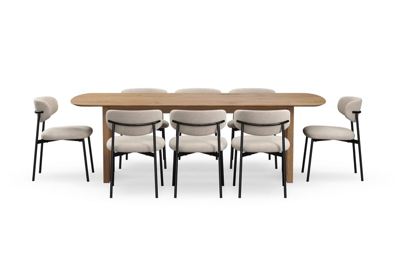 Richeto Matbord 240 cm med 8 Lucy Matstolar - Naturlig finish / Greige Bouclé / Metallben Svart - Products - Möbler - Bord & matgrupp - Matgrupp