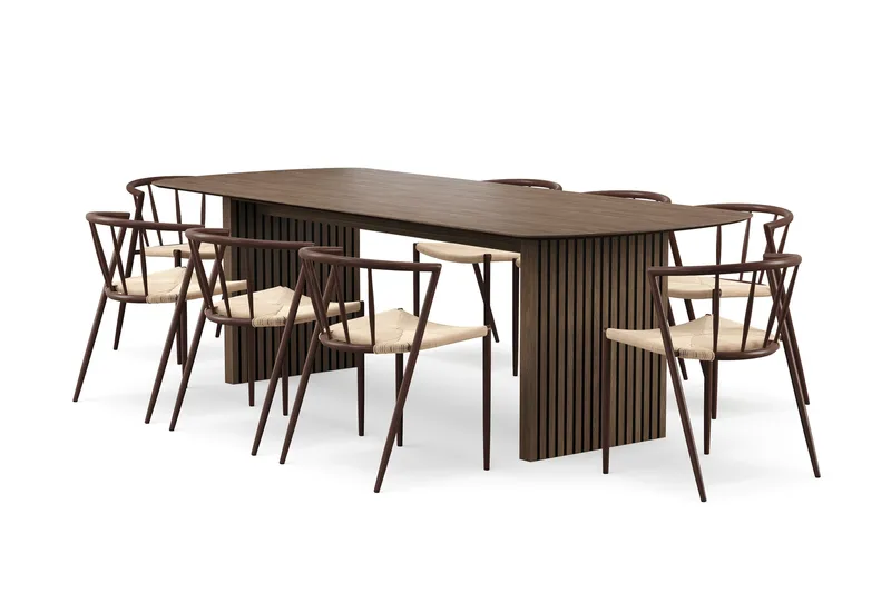 Richeto Matbord 240 cm med 8 Winston Matstolar, Rökt ek / Beige / Metallben Rökt ek