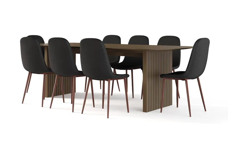 Richeto Matbord Rökt Ek 240 cm valnöt +  8 st Nibe stol svart med valnöt ben, Brun/Svart
