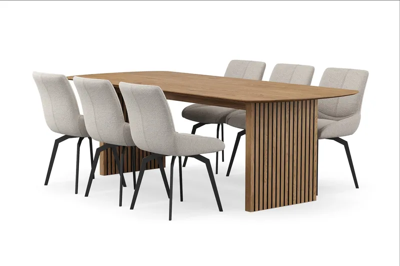 Richeto Matgrupp 240 cm med 6 Mora Snurrstolar, Naturlig finish/Mörkbeige