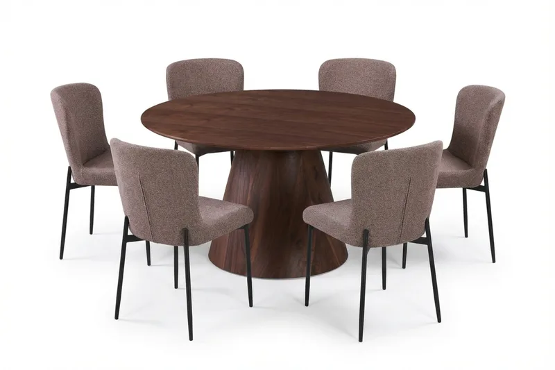 Siena Matgrupp runt 130 cm Valnöt med 6 Elsie Matstolar, Valnöt/Grå