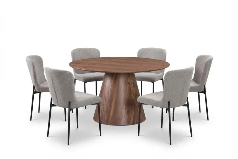 Siena Matgrupp runt 130 cm Valnöt med 6 Elsie Matstolar, Valnöt/Ljusgrå