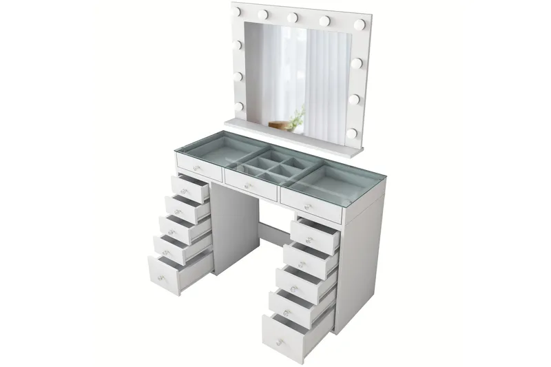 Ramender Stort Sminkbord med spegel och lampor med förvaring - Glas / Vit - Products - Möbler - Bord & matgrupp - Sminkbord & toalettbord