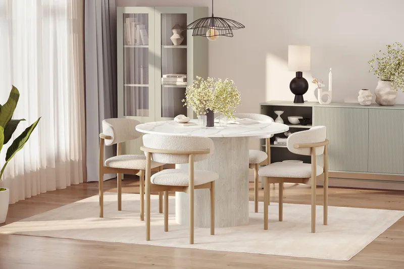 Uppveda Matbord 120 cm Rund med 4 st Jaiveer Matstolar - Vit - Products - Möbler - Bord & matgrupp - Matgrupp