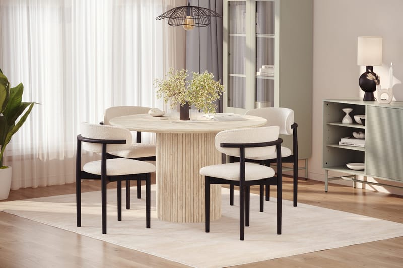 Uppveda Runt Matbord 120cm Travetin utseende med 4 st Jaiveer Matstolar - Beige - Products - Möbler - Bord & matgrupp - Matgrupp