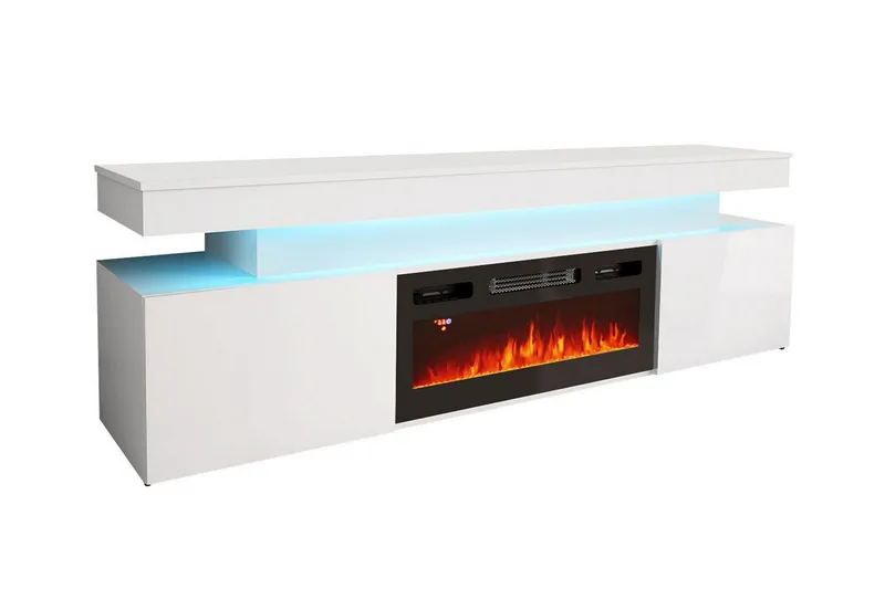 Glenndale Tv bänk med Förvaring + LED kamin + Belysning 190 cm, Vit
