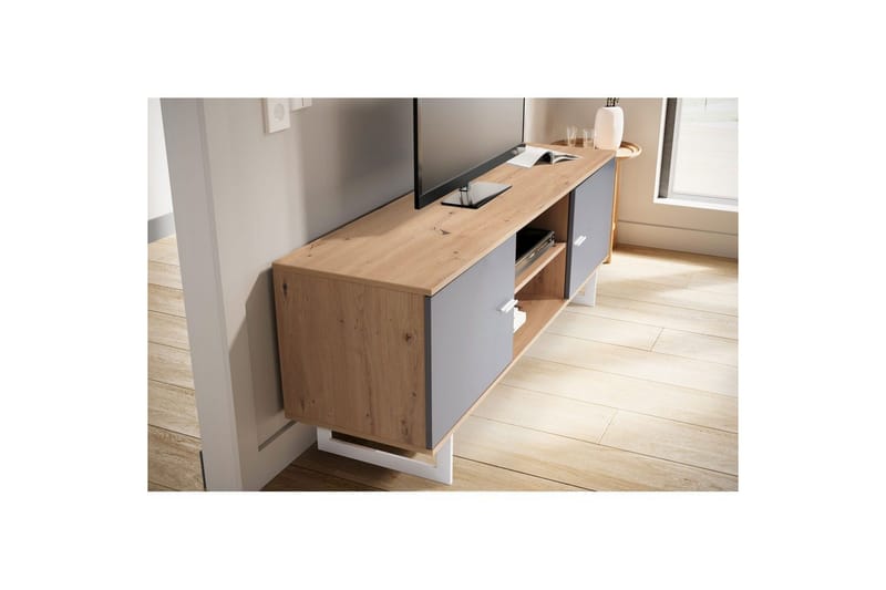 Lowboard Wohnling modernt spånskiva, 2 dörrar, förvaringsbrickor, metallben, modern stil Ek, Grå - Ek, Grå - Products - Möbler - TV- & Mediamöbler - TV-skåp