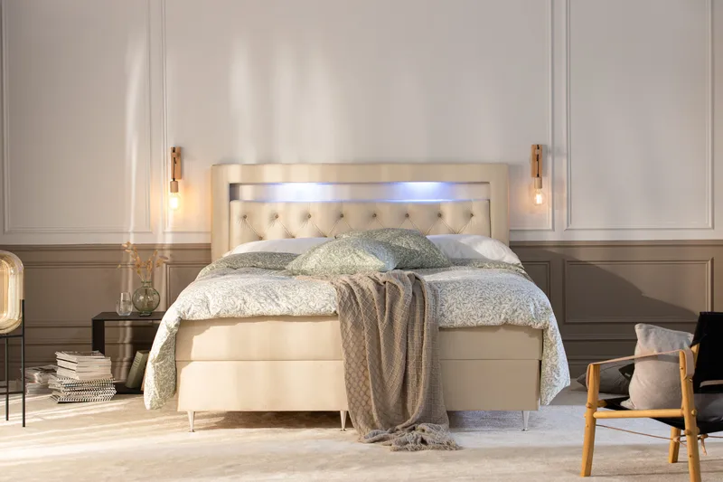 Alessia Komplett Sängpaket med Förvaring LED-belysning 160x200 cm - Biege - Products - Möbler - Säng - Säng med förvaring