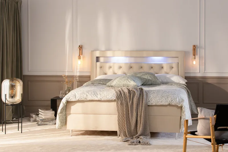 Alessia Komplett Sängpaket med Förvaring LED-belysning 160x200 cm - Biege - Products - Möbler - Säng - Säng med förvaring