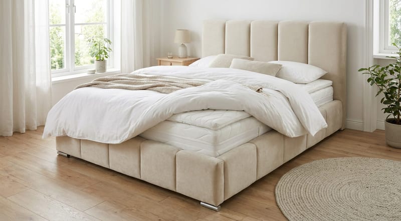 Cleaton Bubblig Sängram 180x200 cm med Förvaring HVILA Pocketresårmadrass och Bäddmadrass i Memoryskum med Tvättbar klädsel - Beige/Vit - Products - Möbler - Säng - Komplett sängpaket