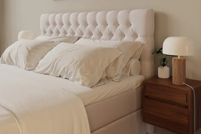 HVILA Lyx Komplett Sängpaket 160x200 cm Kontinentalsäng med knappad sänggavel i sammet - Beige / Sammet - Products - Möbler - Säng - Kontinentalsäng