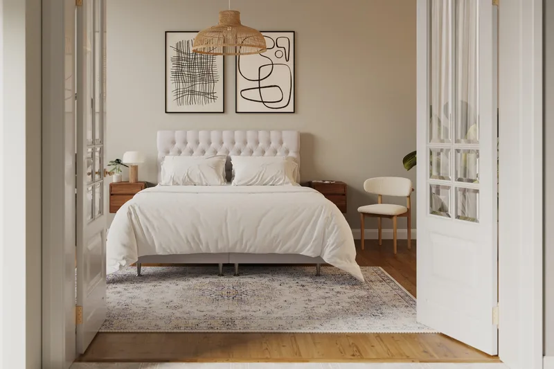 HVILA Lyx Komplett Sängpaket 160x200 cm Kontinentalsäng med knappad sänggavel i sammet - Beige / Sammet - Products - Möbler - Säng - Kontinentalsäng