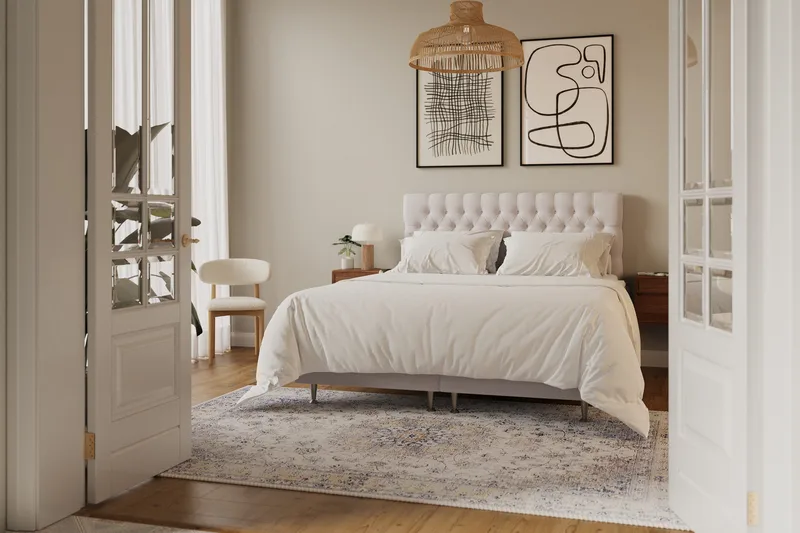 HVILA Lyx Komplett Sängpaket 160x200 cm Kontinentalsäng med knappad sänggavel i sammet - Beige / Sammet - Products - Möbler - Säng - Kontinentalsäng
