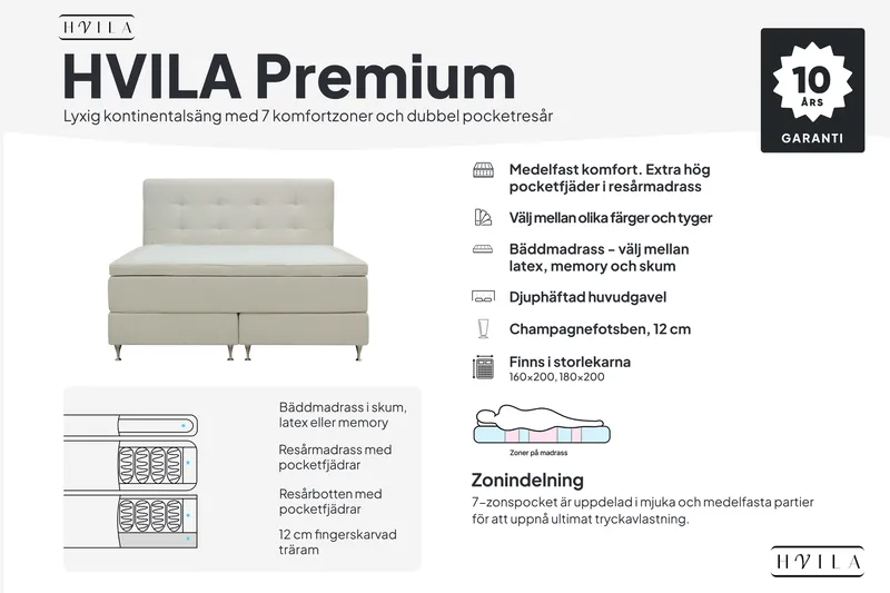 HVILA Premium Kontinentalsäng 180x200 cm - Ljusbeige Tyg - Products - Möbler - Säng - Kontinentalsäng