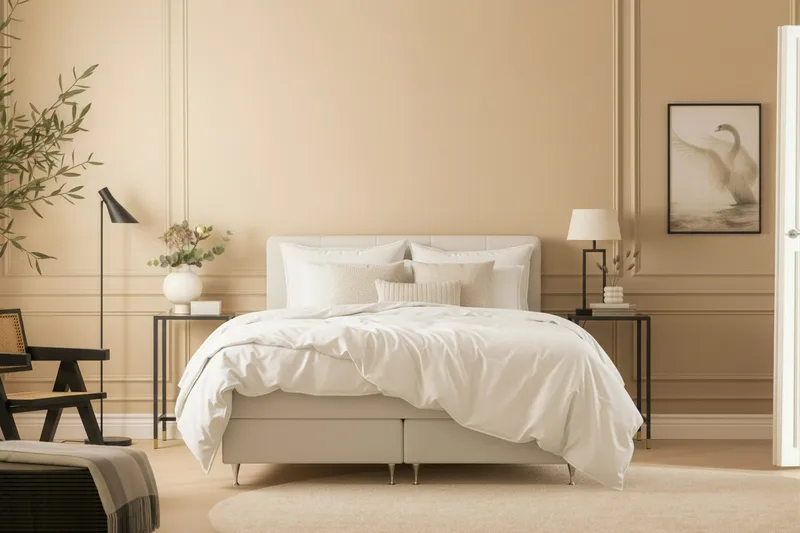 HVILA Premium Komplett Sängpaket 160x200 cm Kontinentalsäng med Sänggavel - Ljusbeige Bouclé - Products - Möbler - Säng - Kontinentalsäng