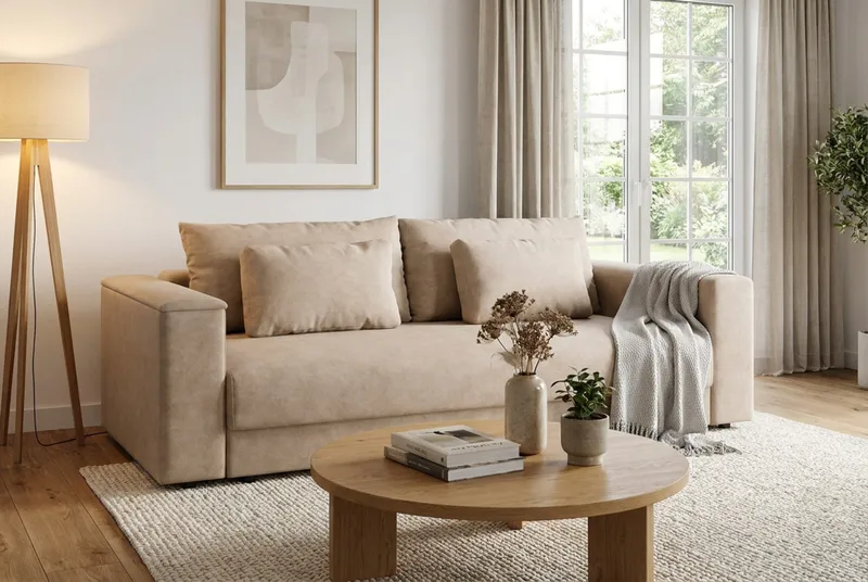 Bergen Extra djup 3-sits Bäddsoffa med Bäddmadrass i Memoryskum och Tvättbar klädsel - Beige Tyg - Products - Möbler - Soffa - Bäddsoffa - 3 sits bäddsoffa