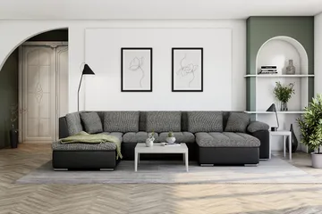 Dynir Stor Hörnbäddsoffa Divan med Förvaring Höger 350 cm - Svart / Grå - Products - Möbler - Soffa - Bäddsoffa - Bäddsoffa längsbäddad