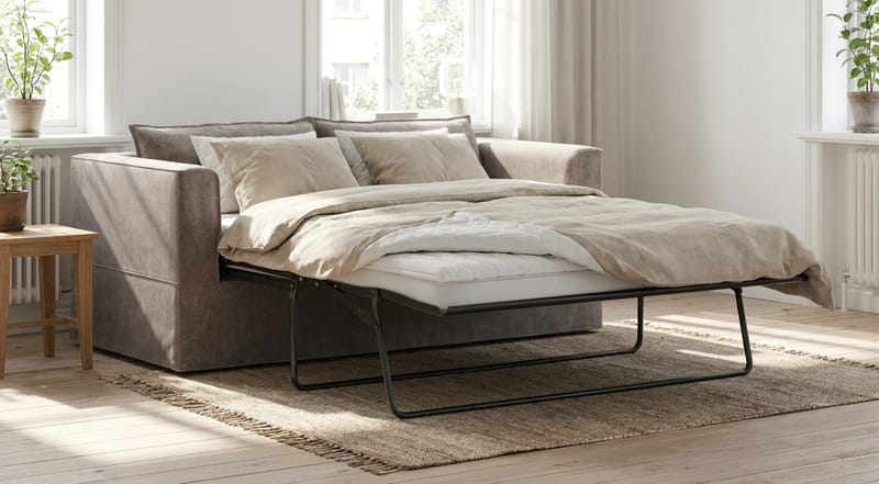 Travstad 3-sits Bäddsoffa med HVILA Bäddmadrass 140x200 cm Memoryskum med Tvättbar klädsel - Grå/Vit - Products - Möbler - Soffa - Bäddsoffa - 3 sits bäddsoffa
