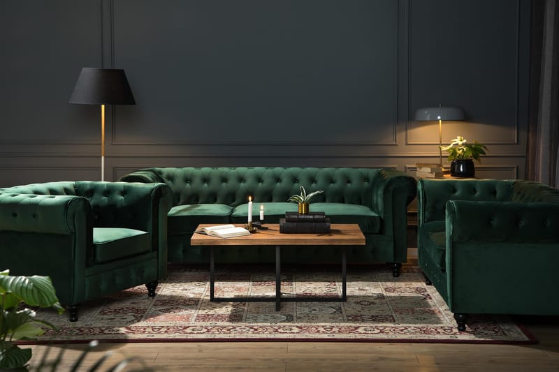 Chesterfield Lyx 3 sits Sammetssoffa - Djup soffa - Mörkgrön / Grön - Products - Möbler - Soffa - Chesterfield soffa