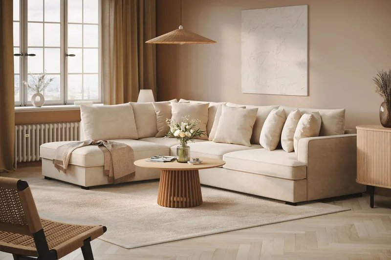 Rossita 4-sits Vänstervänd L-formad Djup Schäslongsoffa i Chenille - Beige - Products - Möbler - Soffa - Divansoffa & schäslongsoffa - 4 sits soffa med divan