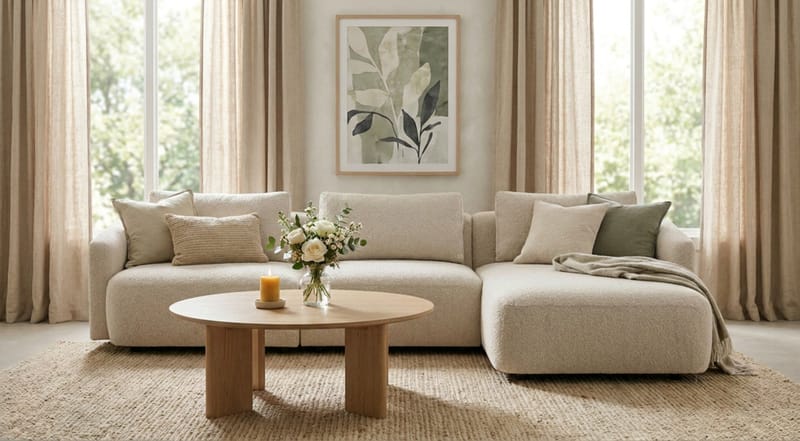 Milano 5-sits Rundad Högervänd L-soffa med Låg Rygg i Beige Boucle - Products - Möbler - Soffa - Divansoffa & schäslongsoffa
